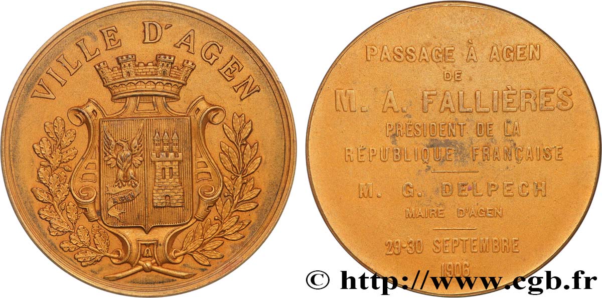 TERCERA REPUBLICA FRANCESA Médaille, Passage à Agen du président Armand Fallières EBC