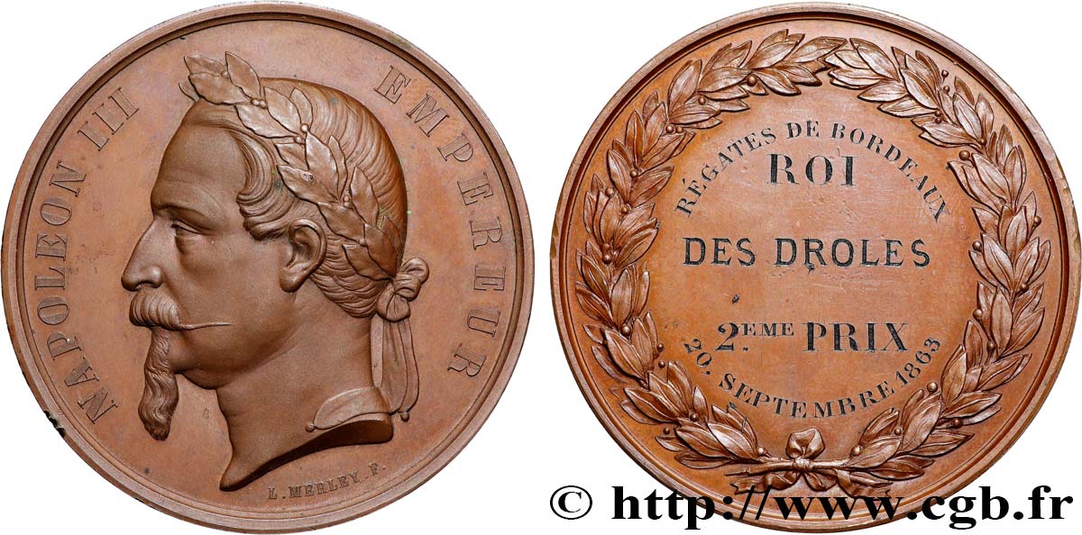 SEGUNDO IMPERIO FRANCES Médaille, Régates de Bordeaux, Roi des droles EBC