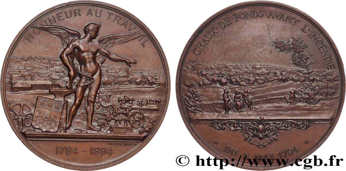 SWITZERLAND - HELVETIC CONFEDERATION Médaille, Honneur au travail, La Chaux-de-Fonds avant l’incendie q.SPL