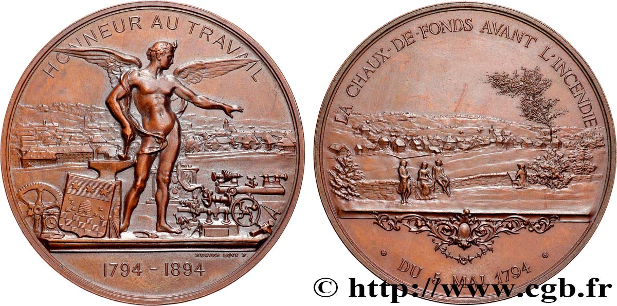 SWITZERLAND - HELVETIC CONFEDERATION Médaille, Honneur au travail, La Chaux-de-Fonds avant l’incendie AU