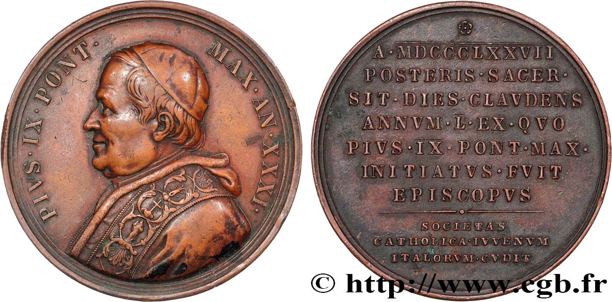 ITALIA - ESTADOS PONTIFICOS - PIE IX (Giovanni Maria Mastai Ferrettii) Médaille, Jubilé épiscopal, Association de la jeunesse catholique italienne MBC