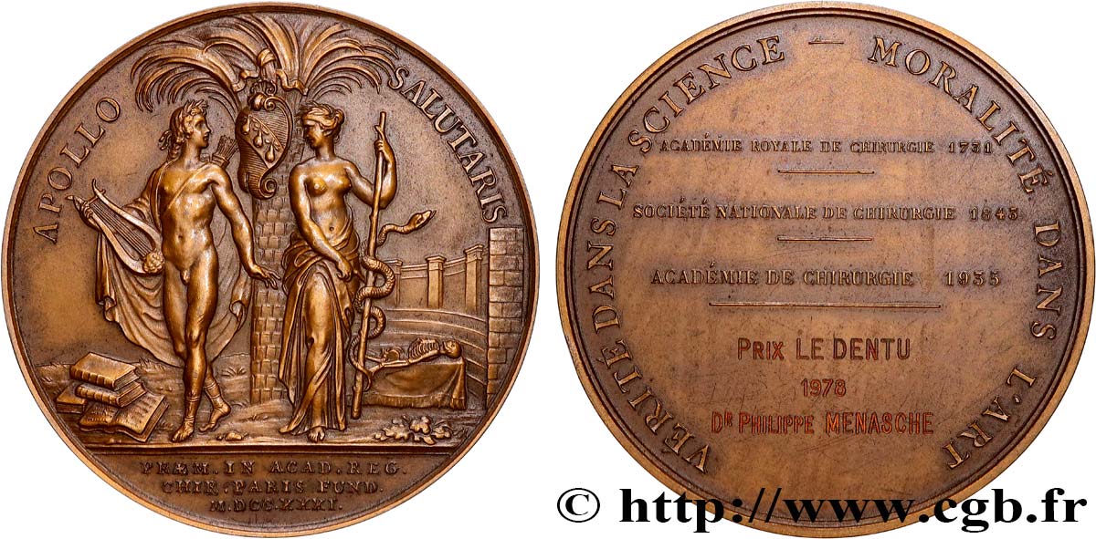 QUINTA REPUBLICA FRANCESA Médaille, Académie de chirurgie EBC