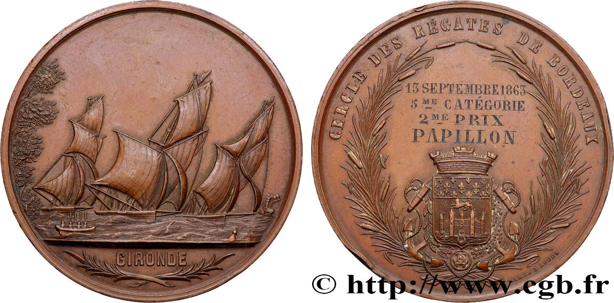 SECOND EMPIRE Médaille, Cercle des régates de Bordeaux, 2e prix Papillon TTB+/TTB