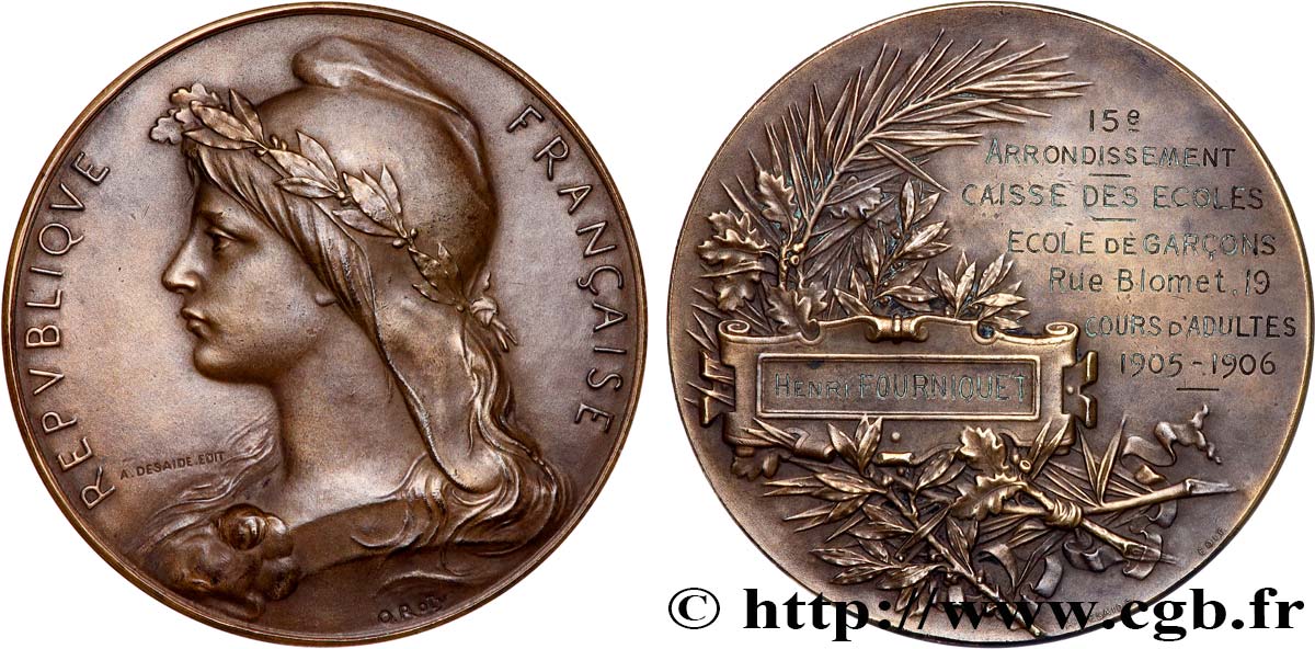 III REPUBLIC Médaille, Caisse des écoles, Ecole de garçons, Cours d’adultes AU/XF