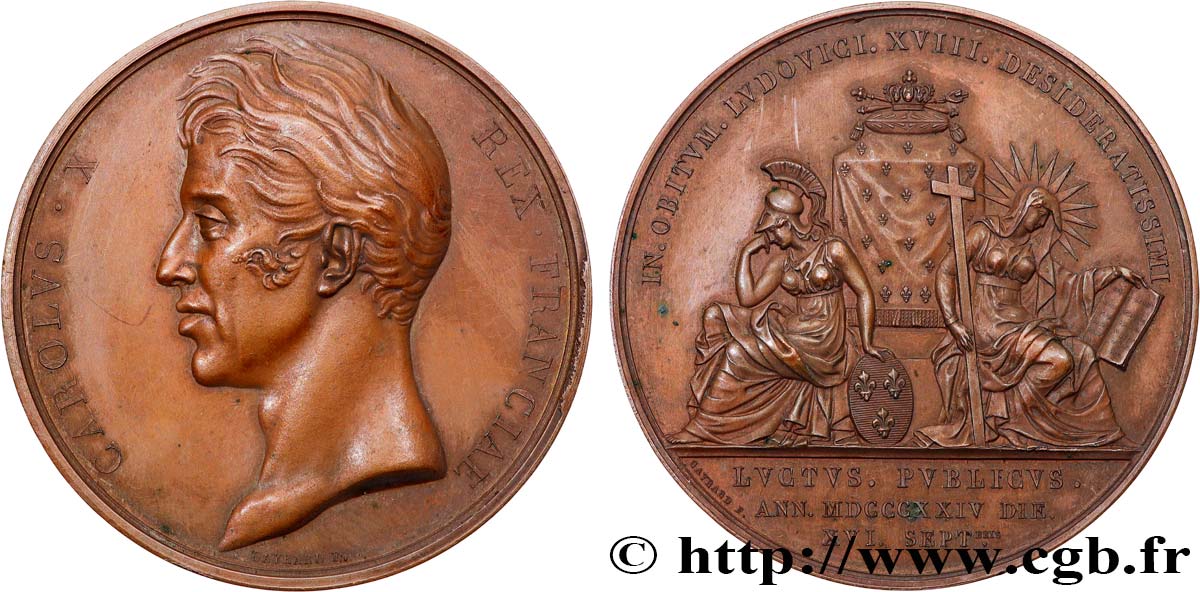 CHARLES X Médaille, Mort de Louis XVIII, frappe postérieure AU