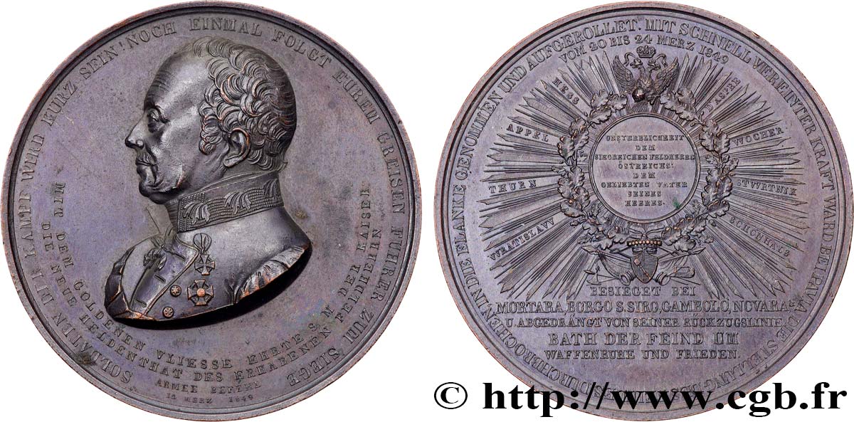AUTRICHE - FRANÇOIS-JOSEPH Ier Médaille, Feldmarschall Radetzky, Attribution de l’ordre de la Toison d’or et Victoire sur les Piémontais fVZ/VZ