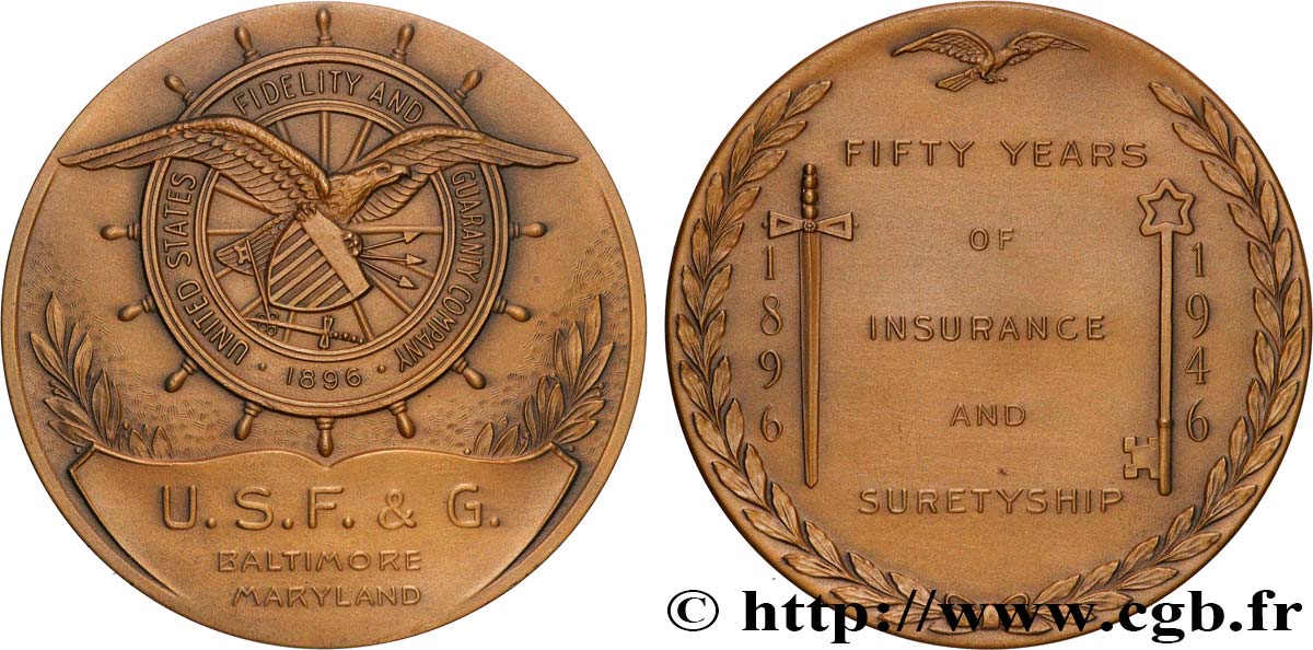 ÉTATS-UNIS D AMÉRIQUE Médaille, 50 ans d’assurance et sureté, U. S. F. & G. SUP