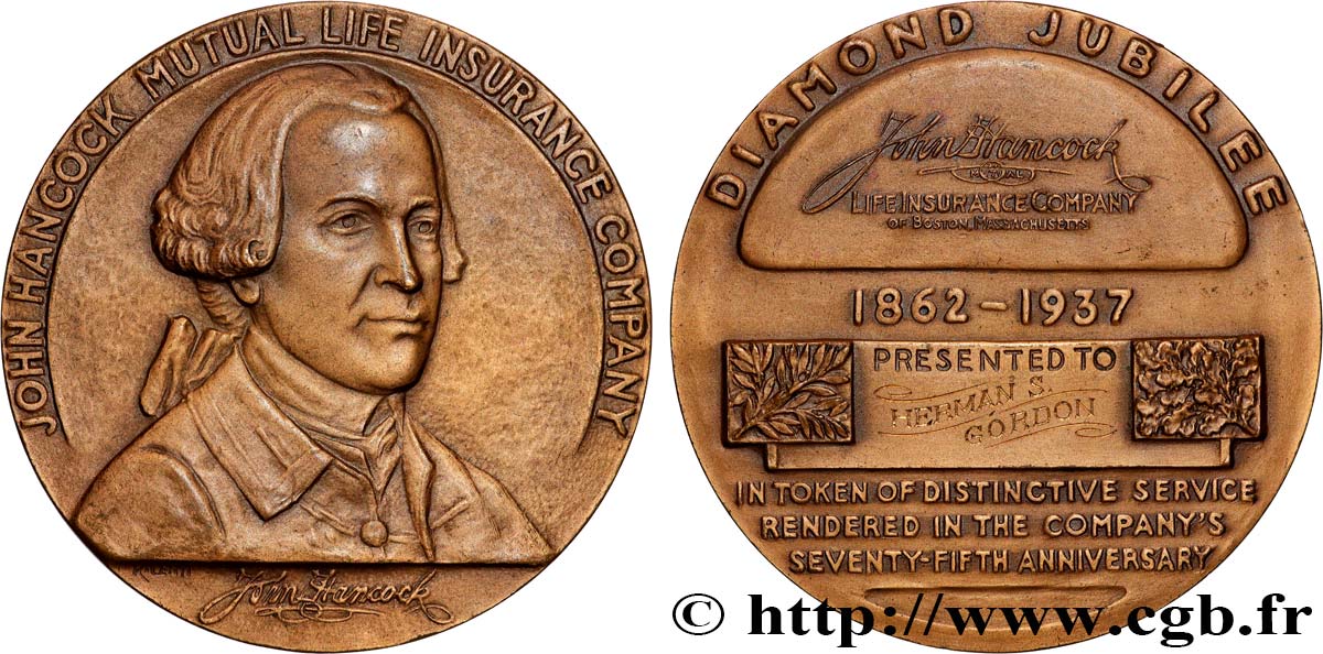 ESTADOS UNIDOS DE AMÉRICA Médaille, John Hancoch Mutual Life Insurance Company, Jubilé de diamant EBC