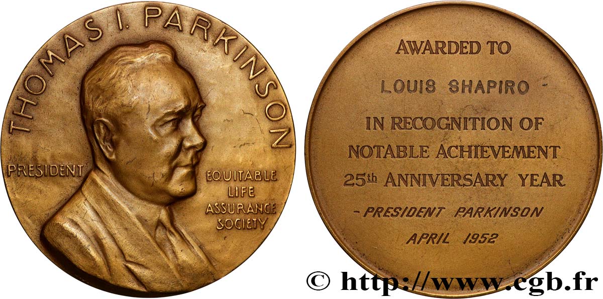 STATI UNITI D AMERICA Médaille, Thomas Parkinson, 25e anniversaire q.SPL