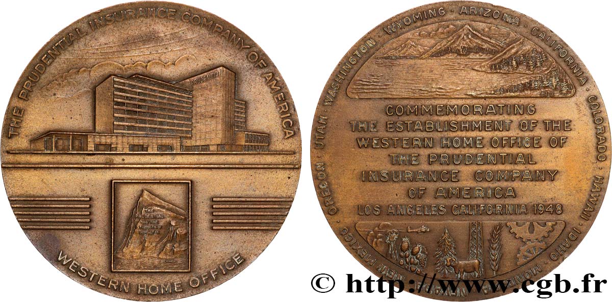 ÉTATS-UNIS D AMÉRIQUE Médaille, Établissement des bureaux sur la Côte Ouest, The Prudential Insurance Company of America TTB+