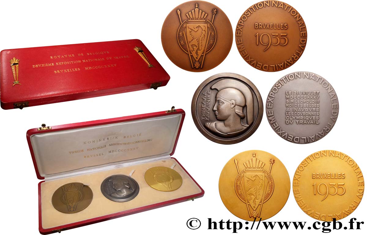 BELGIUM - KINGDOM OF BELGIUM - REIGN OF LEOPOLD III Coffret de 3 médailles, Deuxième Exposition Nationale du Travail AU