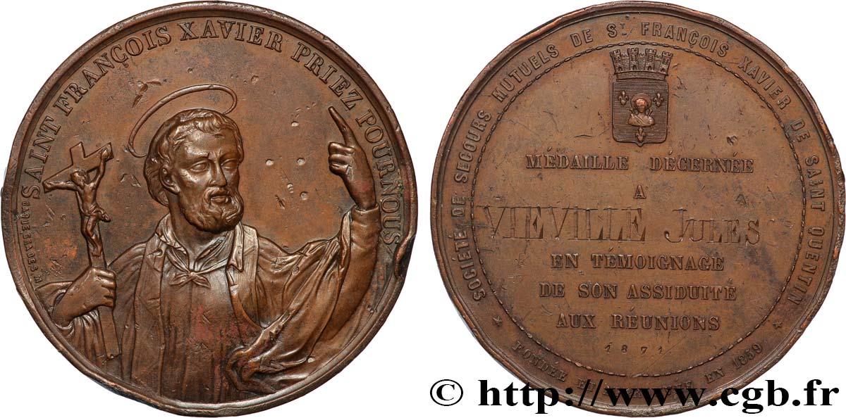 TERCERA REPUBLICA FRANCESA Médaille, Société de secours mutuels St François-Xavier MBC