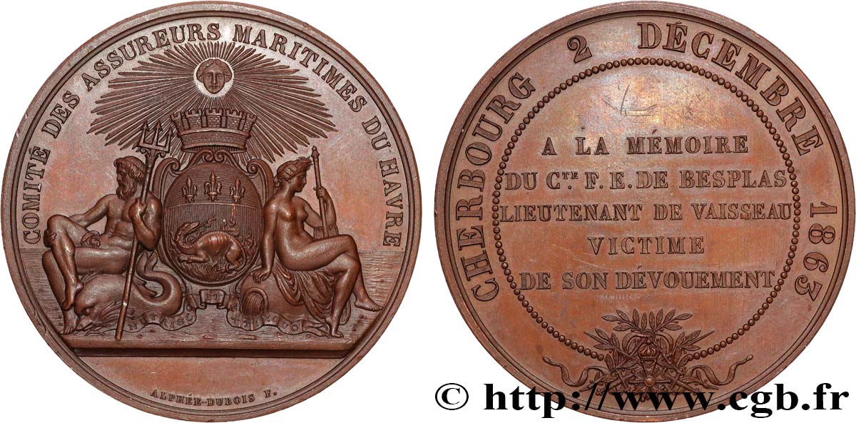 SECOND EMPIRE Médaille, Comité des assureurs maritimes du Havre, décernée à la mémoire du Comte Fernand Edmond de Besplas SUP