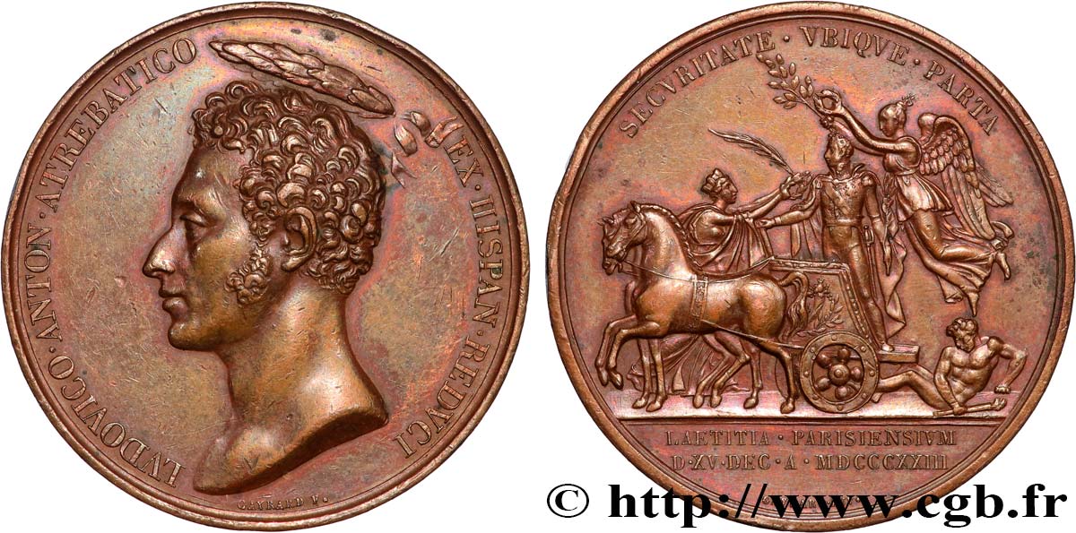 LOUIS XVIII Médaille, Fête pour la victoire du Trocadéro (15 décembre 1823) XF