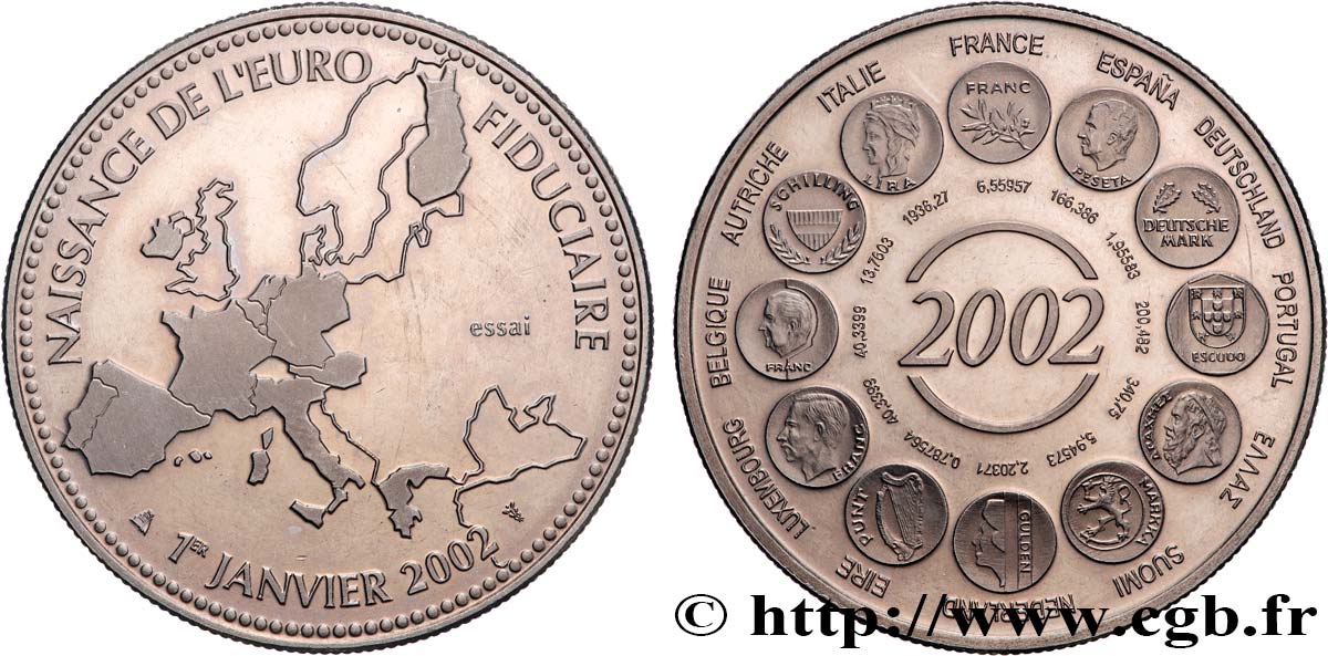 CINQUIÈME RÉPUBLIQUE Médaille, Essai, Naissance de l’Euro fiduciaire SUP
