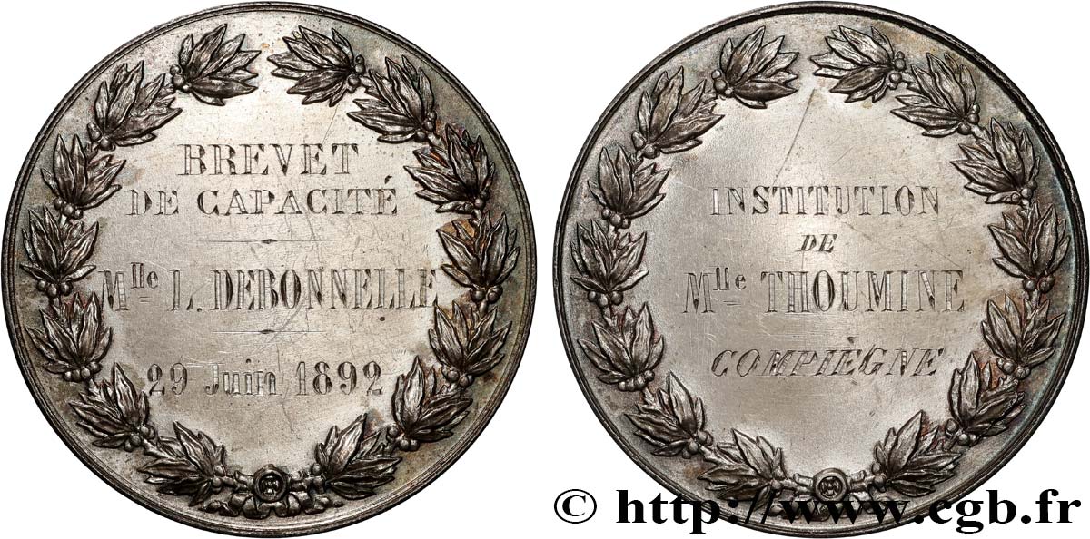 TERZA REPUBBLICA FRANCESE Médaille, Brevet de capacité, Institution de Mademoiselle Thoumine q.SPL