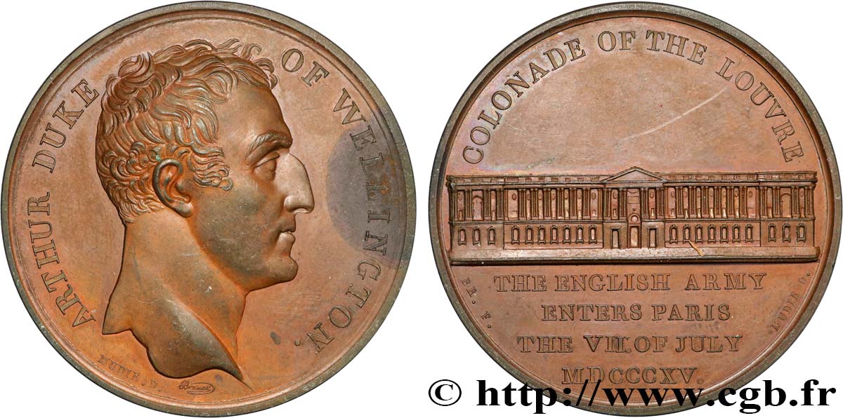 PREMIER EMPIRE Médaille, Le duc de Wellington et la colonnade du Louvre TTB+
