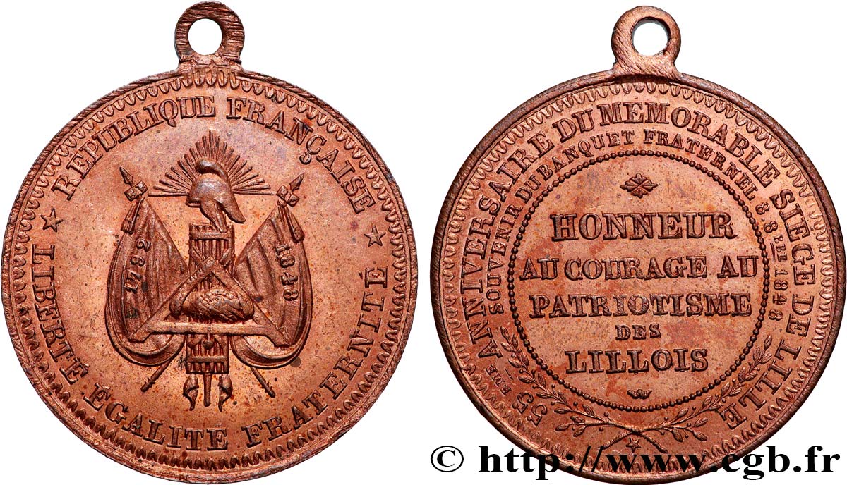 DEUXIÈME RÉPUBLIQUE Médaille, Souvenir du banquet fraternel, 55e anniversaire du siège de Lille EBC