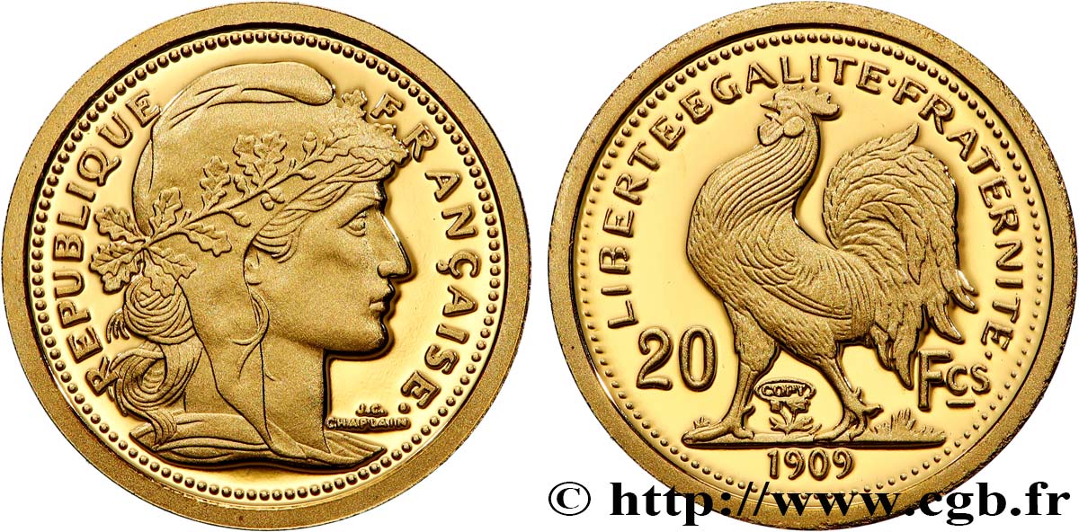 QUINTA REPUBLICA FRANCESA Médaille, Reproduction 20 Francs Coq Marianne Prueba
