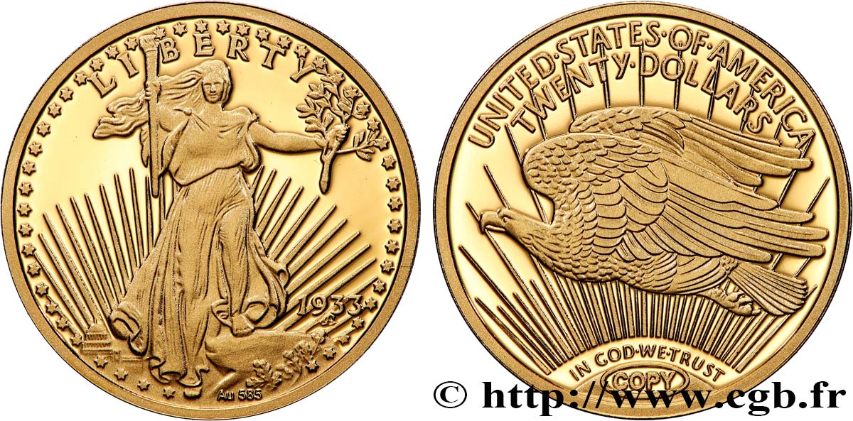 1 MILLION DOLLAR-SERIE Médaille, Reproduction d’une monnaie, 20 dollars  Saint-Gaudens” Polierte Platte