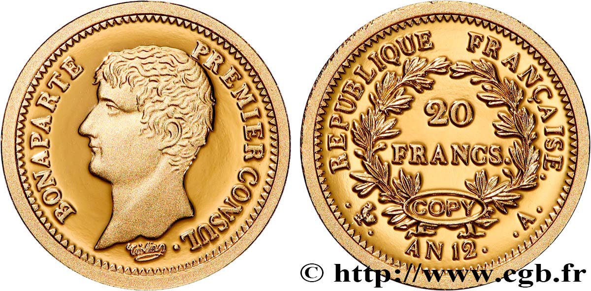 V REPUBLIC Médaille, Reproduction de monnaie, 20 Francs An 12 Premier Consul Proof set