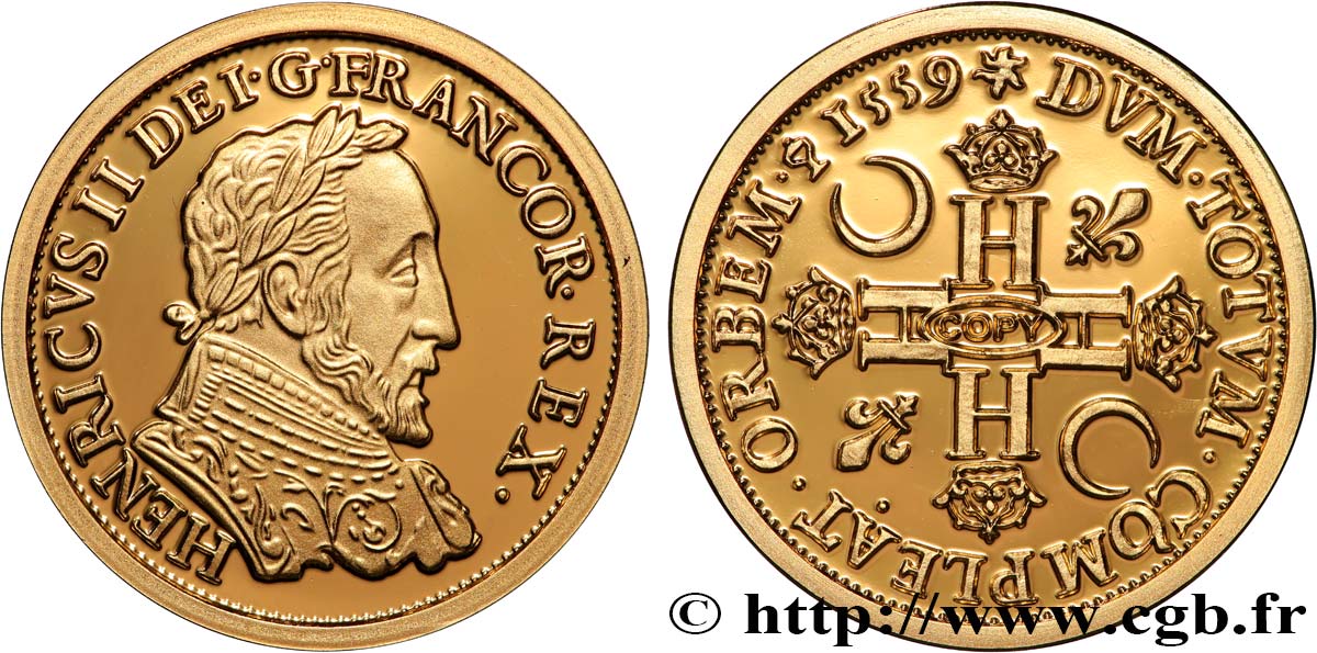 L OR DE LA FRANCE Médaille, Reproduction de monnaie, Double henri d’or d’Henri II BE