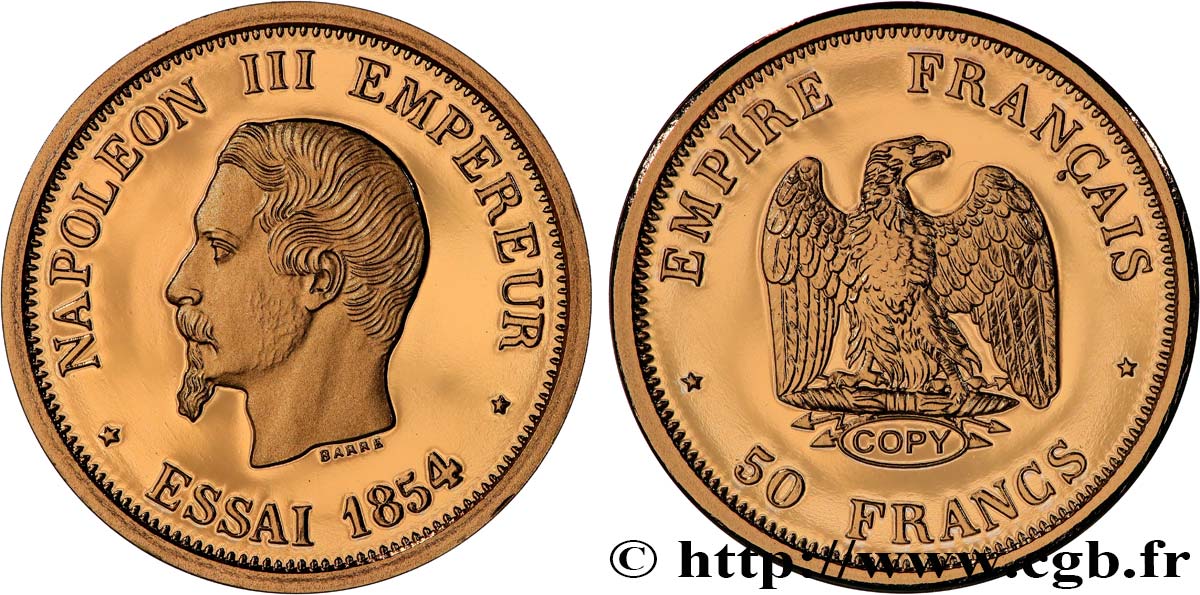 L OR DE LA FRANCE Médaille, Reproduction de monnaie, Essai 50 Francs Napoléon III BE