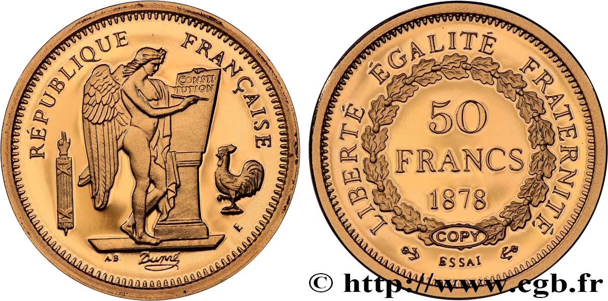 L OR DE LA FRANCE Médaille, Reproduction de monnaie, Essai de 50 Francs or Génie Polierte Platte