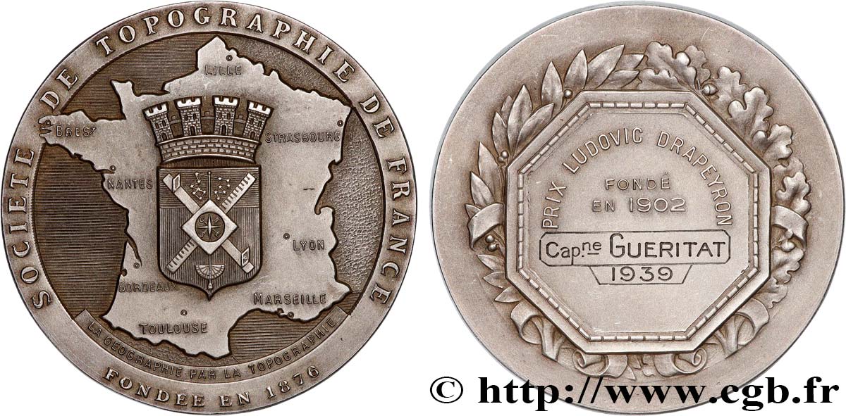 III REPUBLIC Médaille, Société de topographie, Prix Ludovic Drapeyron AU