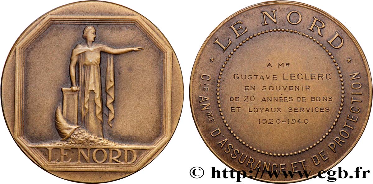 ASSURANCES Médaille, Le Nord, 20 années de bons et loyaux services AU/AU