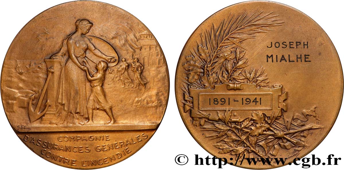 ETAT FRANÇAIS Médaille, Compagnie d’Assurances générales contre l’incendie AU