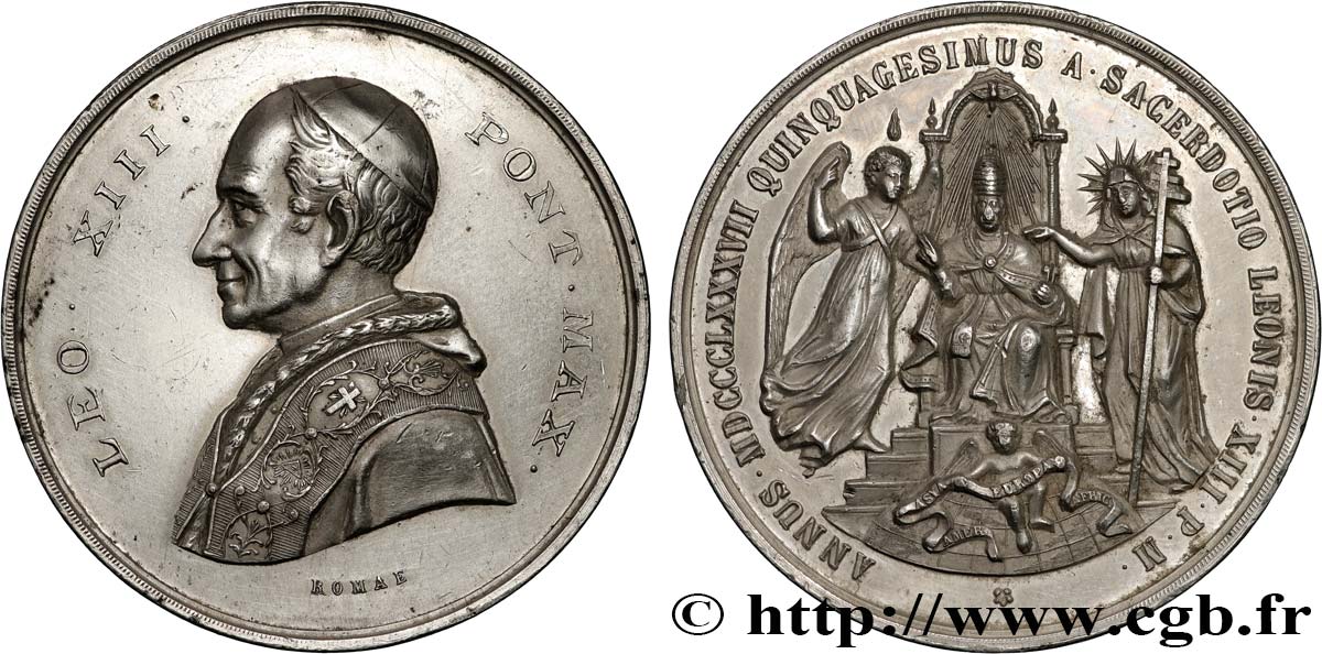 VATICAN ET ÉTATS PONTIFICAUX Médaille, 50e anniversaire de l’ordination sacerdotale de Léon XIII TTB+/SUP