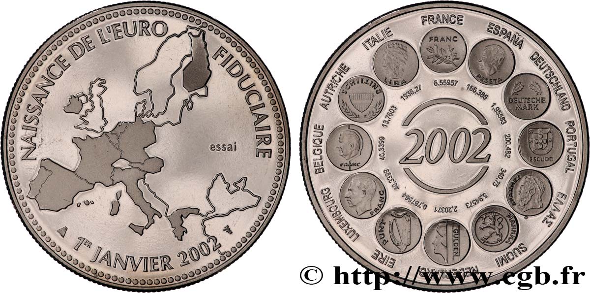 FUNFTE FRANZOSISCHE REPUBLIK Médaille, Essai, Naissance de l’Euro fiduciaire VZ