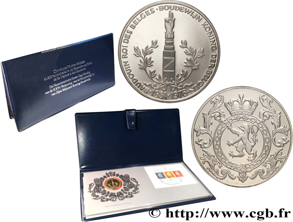 BELGIQUE - ROYAUME DE BELGIQUE - BAUDOUIN Ier Enveloppe “Timbre médaille”, Baudouin Ier, 25 ans de règne FDC