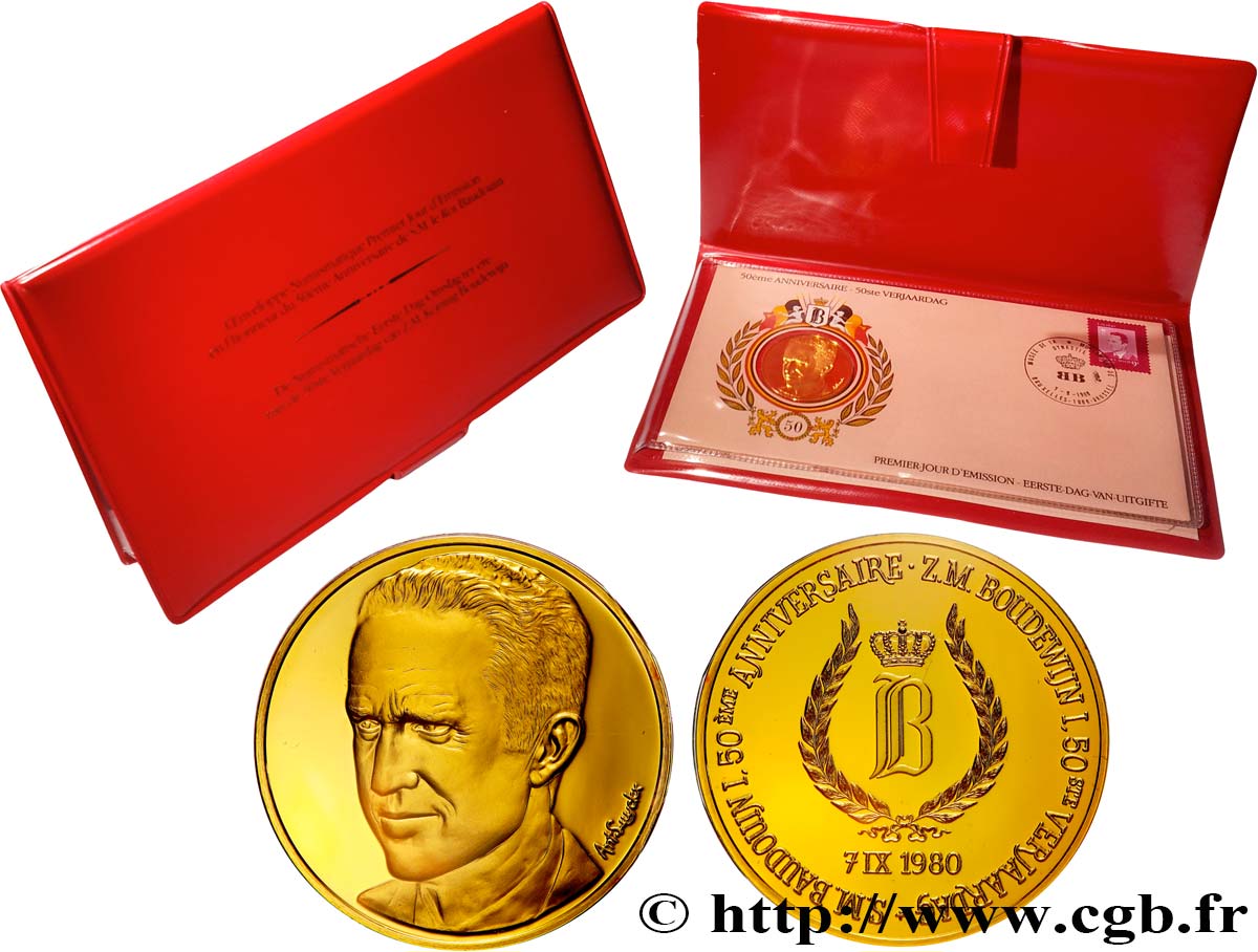 BELGIQUE - ROYAUME DE BELGIQUE - BAUDOUIN Ier Enveloppe “Timbre médaille”, Baudouin Ier, 50e anniversaire BE