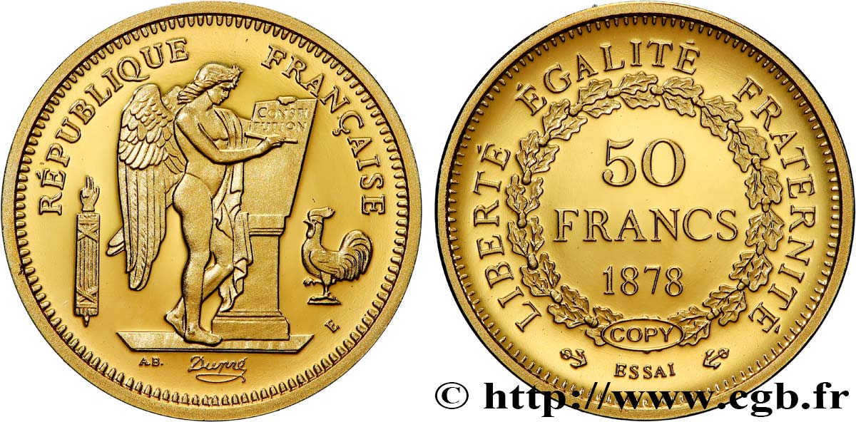 L OR DE LA FRANCE Médaille, Reproduction de monnaie, Essai de 50 Francs or Génie BE