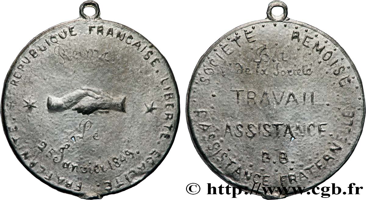 DEUXIÈME RÉPUBLIQUE Médaille, Société rémoise d’assistance fraternelle TTB