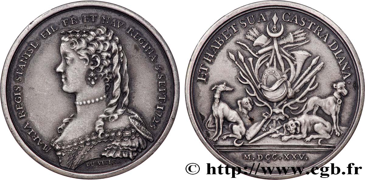 LOUIS XV THE BELOVED Médaille, Marie Leczinska, La chasse du Roi, refrappe AU