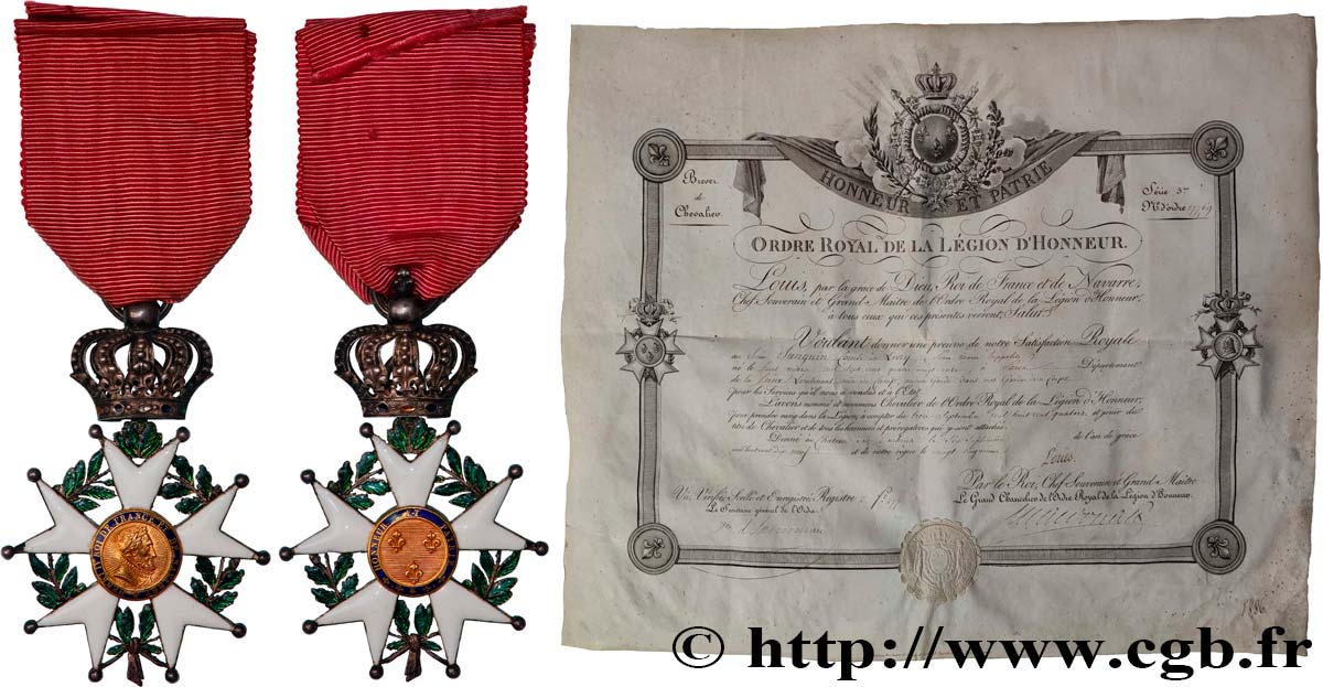 LEGION D HONNEUR - RESTAURATION Légion d’Honneur, Croix de chevalier, Deuxième Restauration, avec son brevet TTB+