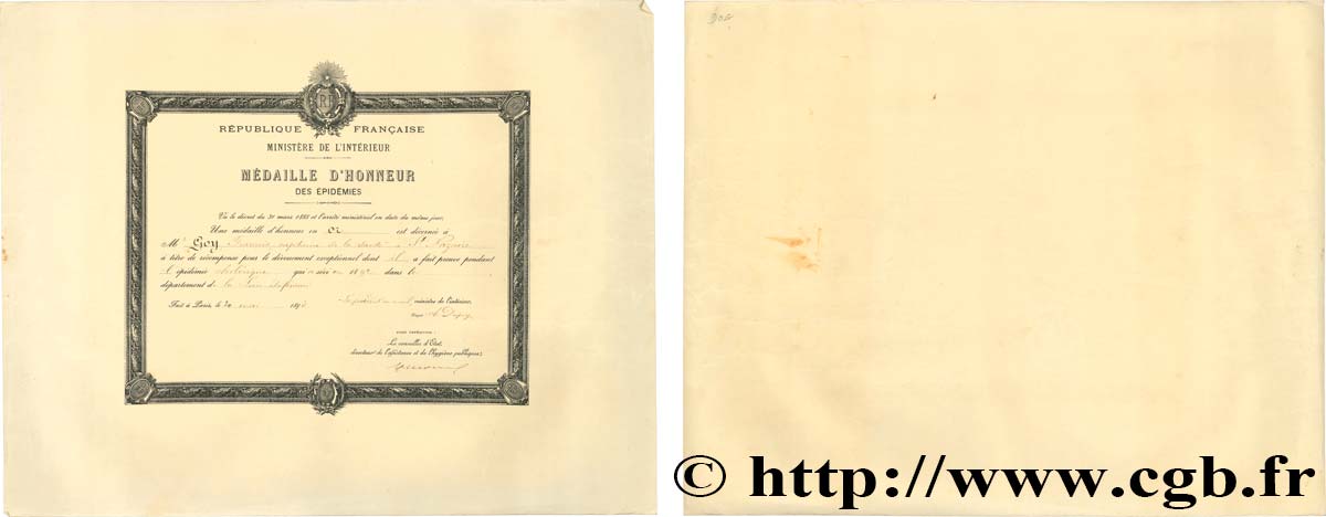 TROISIÈME RÉPUBLIQUE Document, Médaille d’honneur des épidémies, Ministère de l’intérieur TTB