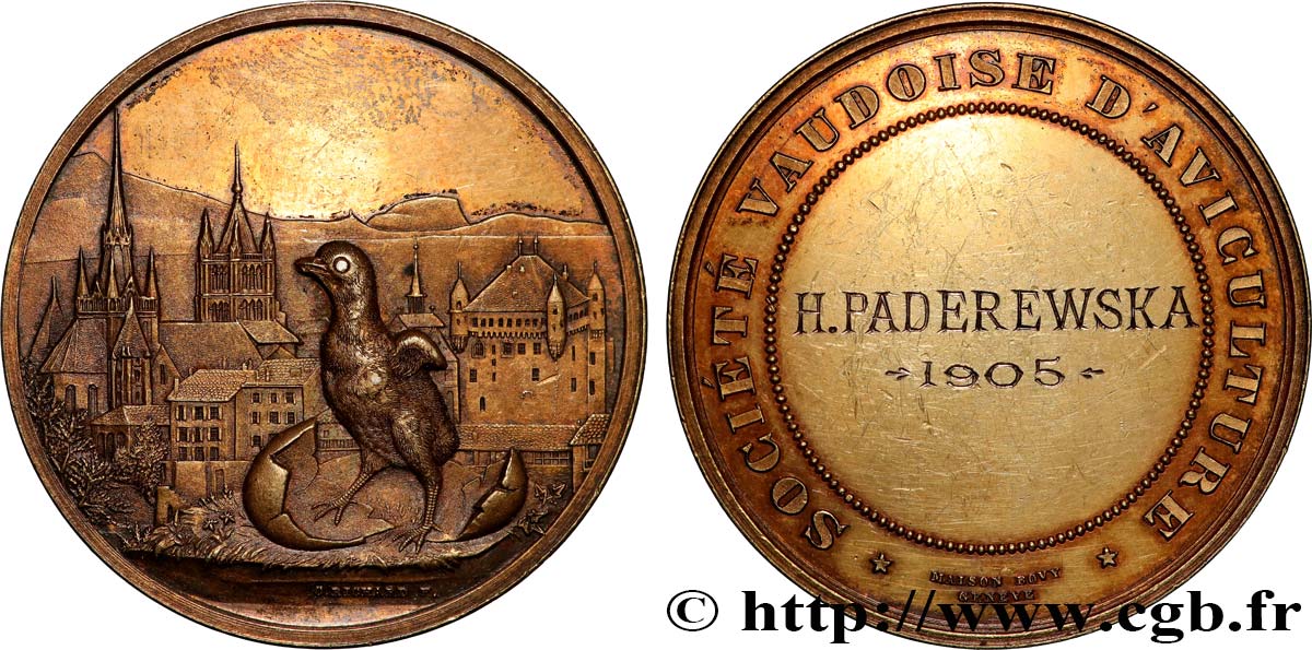 SWITZERLAND - CONFEDERATION OF HELVETIA - CANTON OF VAUD Médaille, Société vaudoise d’Aviculture AU