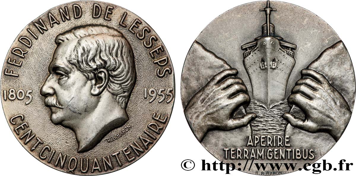 QUATRIÈME RÉPUBLIQUE Médaille, Ferdinand de Lesseps, 150e anniversaire de naissance TTB+/SUP