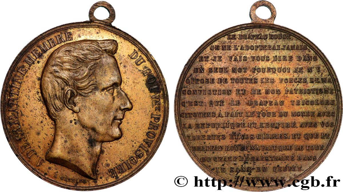 SECOND REPUBLIC Médaille, Alphonse de Lamartine, Rejet du drapeau AU