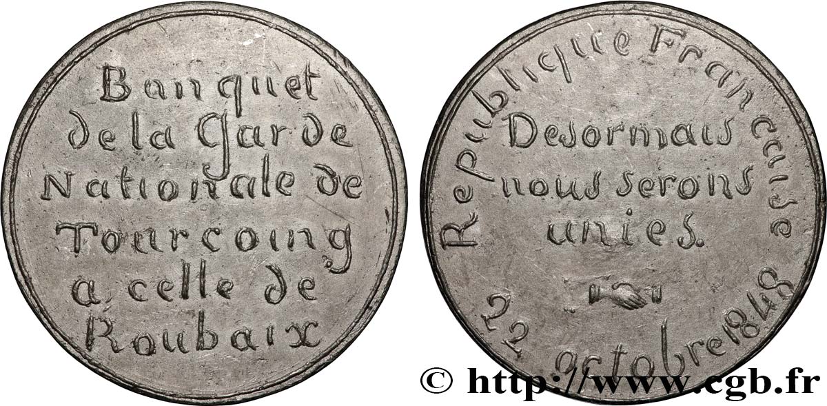 DEUXIÈME RÉPUBLIQUE Médaille, Banquet de la garde nationale de Tourcoing fVZ