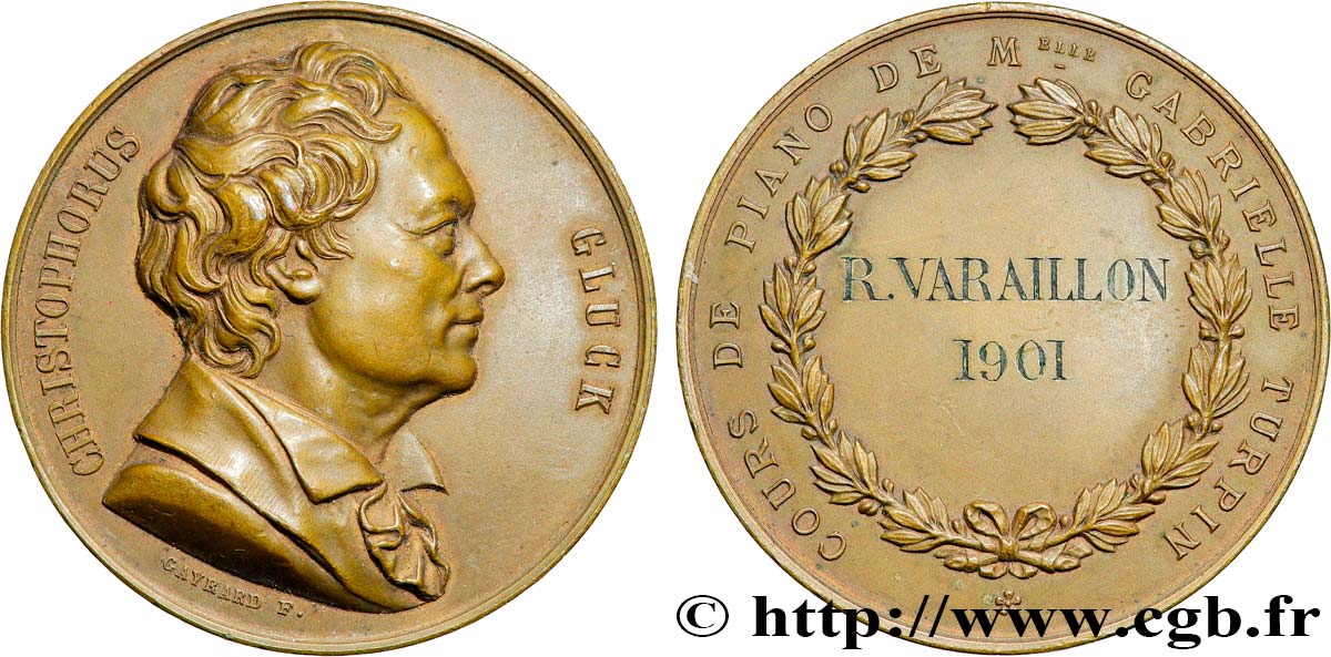 III REPUBLIC Médaille, Christoph Willibald Gluck, Cours de Piano XF