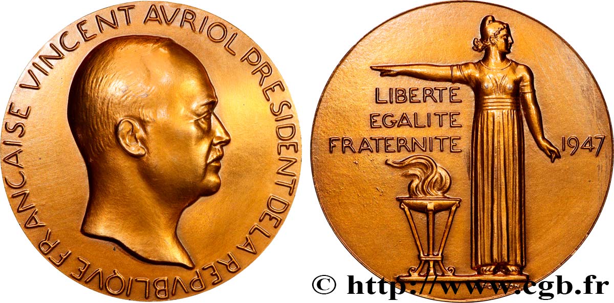 CUARTA REPUBLICA FRANCESA Médaille, Vincent Auriol EBC