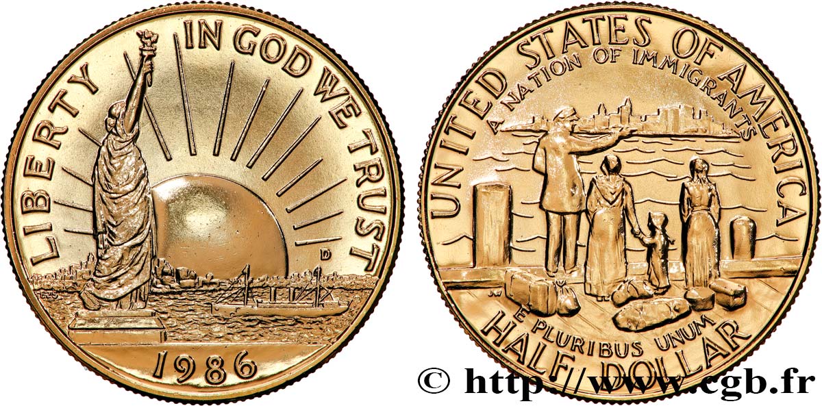 L&nbsp;OR DE LA FRANCE Médaille, Reproduction de monnaie, 1/2 Dollar Proof statue de la Liberté / immigrants SPL