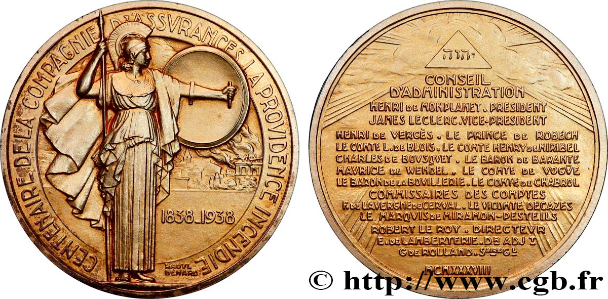 TROISIÈME RÉPUBLIQUE Médaille, Centenaire de la compagnie d’assurances, La Providence Incendie SUP