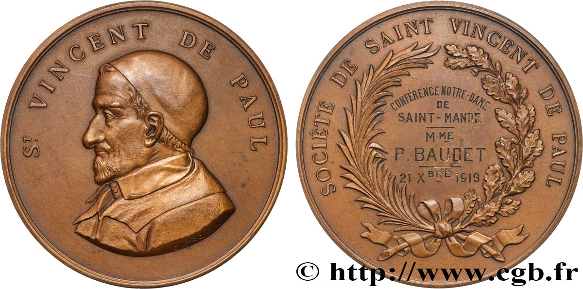 TROISIÈME RÉPUBLIQUE Médaille, Société de Saint-Vincent-de-Paul, Conférence de Notre-Dame de Saint-Mandé TTB+