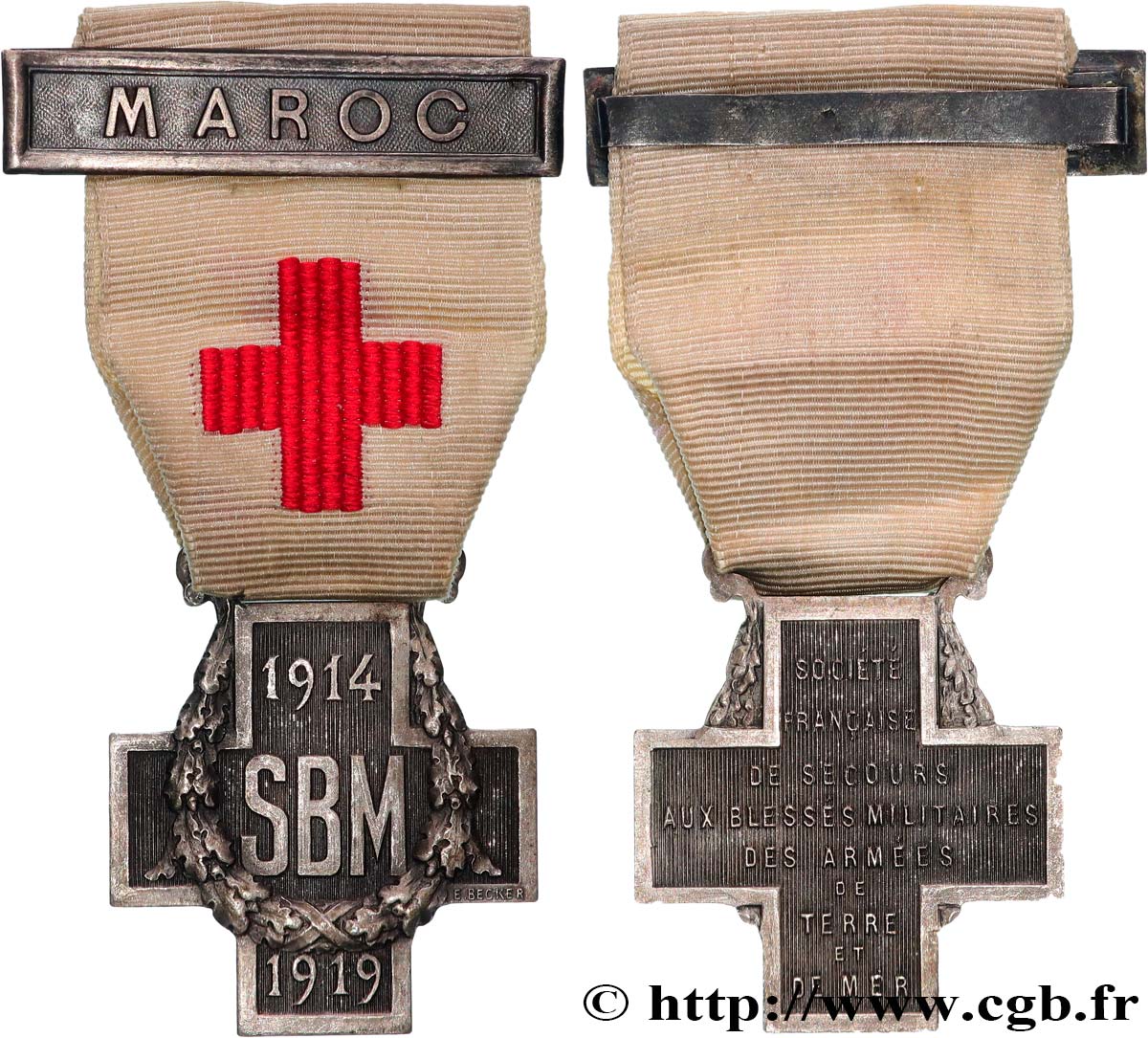 TERCERA REPUBLICA FRANCESA Médaille, Société française de secours aux Blessés Militaires des armées de terre et de mer, Maroc MBC+